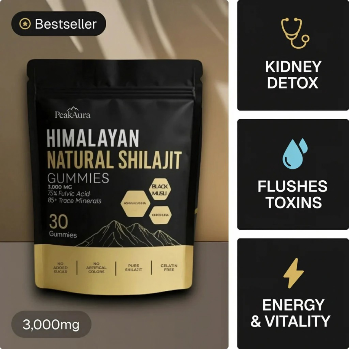 Premium Shilajit Gummies - 3000mg Kidney Cleanse & Vitality